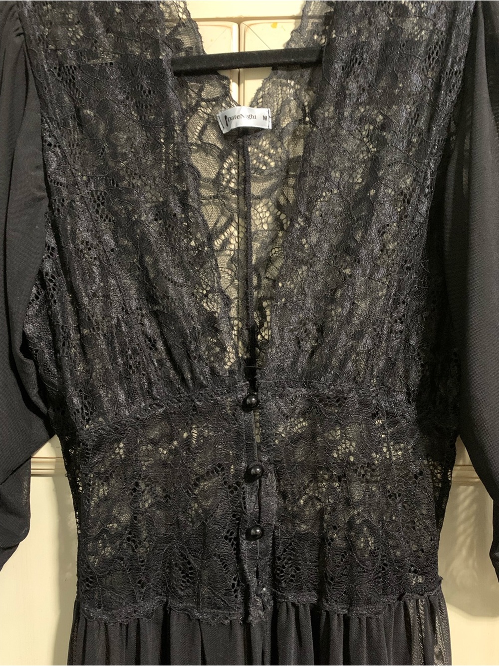 Vintage Black Date Night Sheer Peignoir Robe  Lace Dressing Gown Size Medium